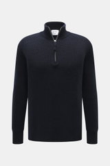 FTC Cashmere Troyer navy, frontal fotografiert, mittleres Strickbild, Troyer-Kragen mit Reißverschluss, Regular Fit, reiner Cashmere, weicher Griff, Rippbündchen.