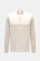 Frontansicht des cremefarbenen FTC Cashmere Troyer mit Troyer-Kragen und Reißverschluss, mittelgrobes Strickbild, Regular Fit, reiner Cashmere, weicher Griff, komfortable Rippbündchen, luxuriöser Komfort.