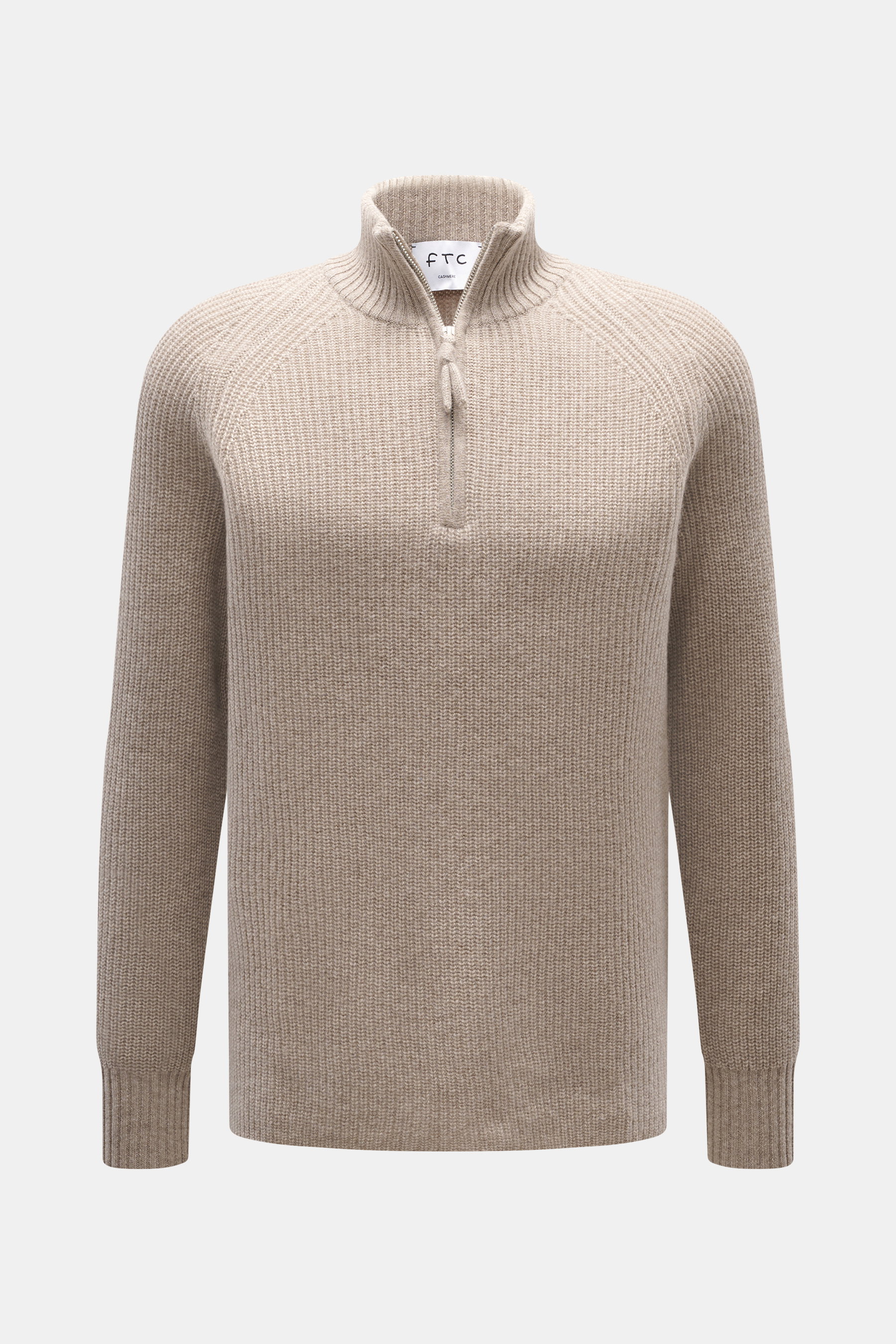 Frontansicht des FTC Cashmere Troyer beige meliert aus reinem Cashmere mit Troyer-Kragen, Reißverschluss, weichem Griff und Rippbündchen.