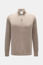 Frontansicht des FTC Cashmere Troyer beige meliert aus reinem Cashmere mit Troyer-Kragen, Reißverschluss, weichem Griff und Rippbündchen.