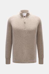 Frontansicht des FTC Cashmere Troyer beige meliert aus reinem Cashmere mit Troyer-Kragen, Reißverschluss, weichem Griff und Rippbündchen.