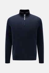 Frontale Nahaufnahme des FTC Cashmere Troyer navy mit Troyer-Kragen und Reißverschluss, Slim Fit, feinem Strickbild, weichem Griff und Rippbündchen.
