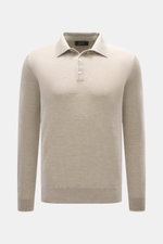 Moorer Cashmere Feinstrickpolo 'Teramo' beige meliert, Slim Fit, Polokragen, Perlmuttknöpfe, feines Strickbild, Frontansicht.