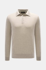 Moorer Cashmere Feinstrickpolo 'Teramo' beige meliert, Slim Fit, Polokragen, Perlmuttknöpfe, feines Strickbild, Frontansicht.