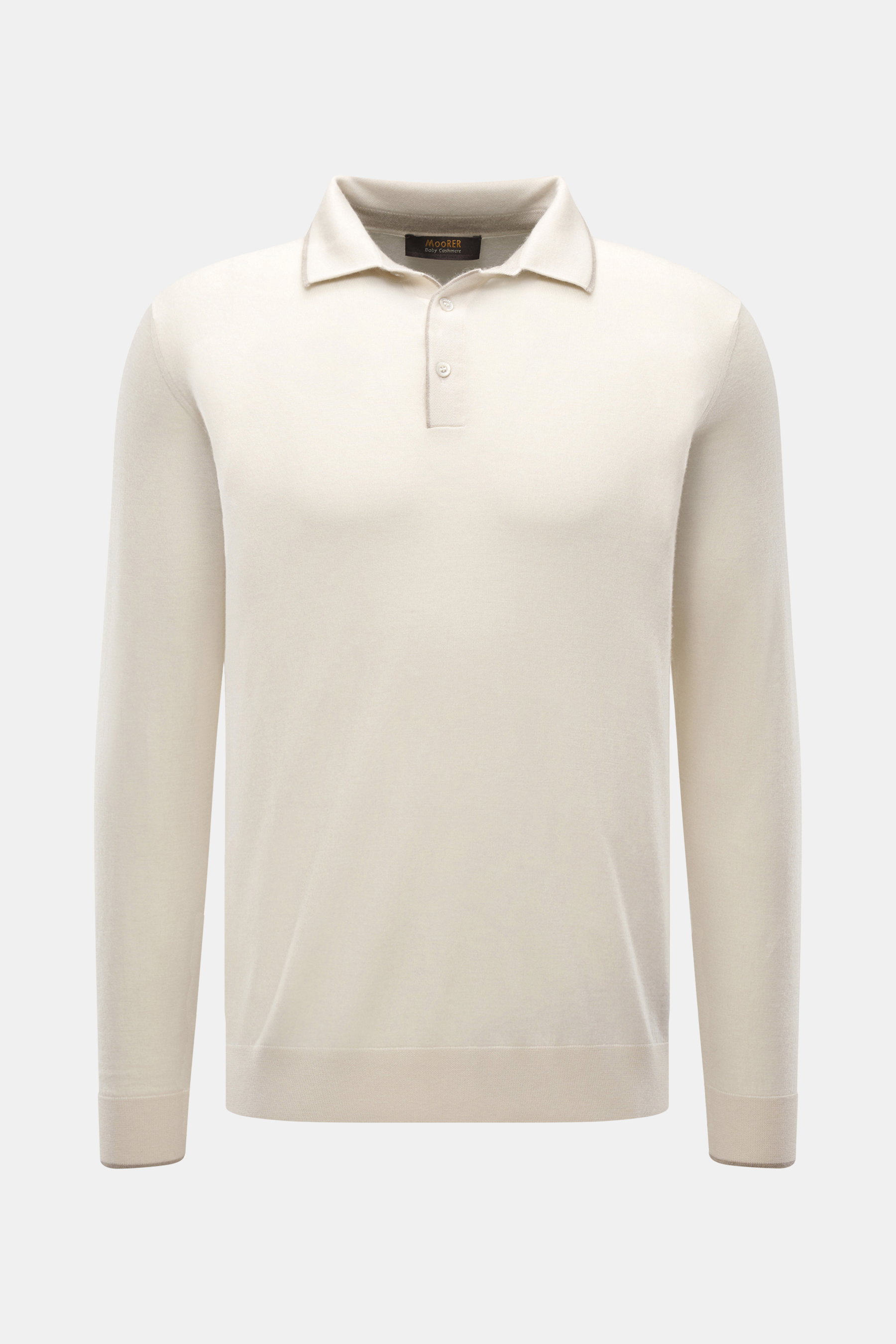 Front view of Moorer Cashmere fine knit polo 'Teramo' cream in pure baby cashmere, slim fit with polo collar, mother-of-pearl buttons, fine knit, contrast edges, and ribbed cuffs. Palpable luxury and soft feel.