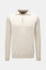 Front view of Moorer Cashmere fine knit polo 'Teramo' cream in pure baby cashmere, slim fit with polo collar, mother-of-pearl buttons, fine knit, contrast edges, and ribbed cuffs. Palpable luxury and soft feel.