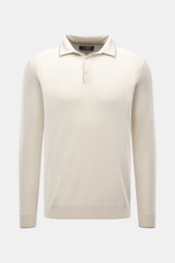 Front view of Moorer Cashmere fine knit polo 'Teramo' cream in pure baby cashmere, slim fit with polo collar, mother-of-pearl buttons, fine knit, contrast edges, and ribbed cuffs. Palpable luxury and soft feel.