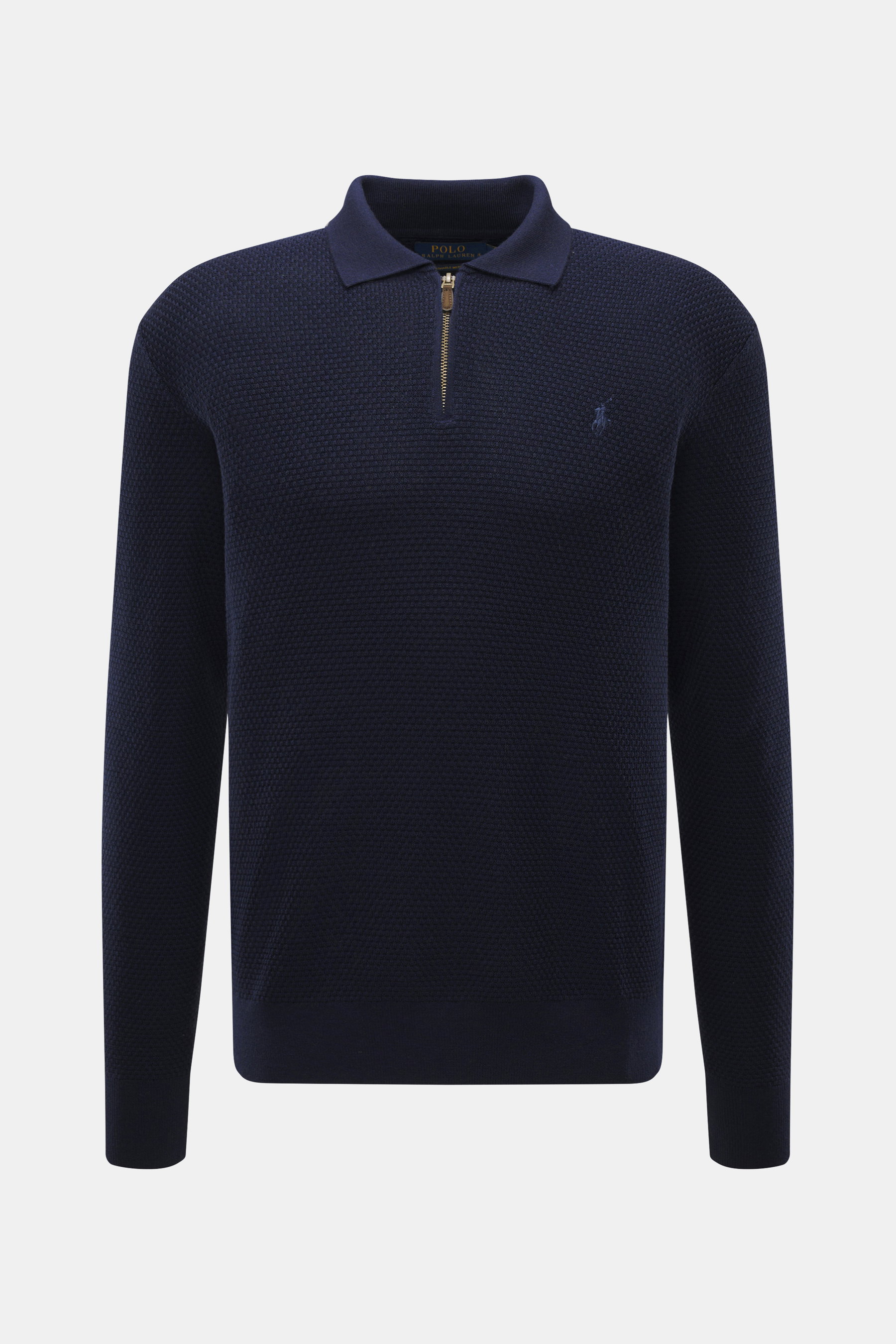 Polo Ralph Lauren Troyer navy aus reiner Wolle mit Strukturstrick, Troyer-Kragen, Reißverschluss und tonalem Polospieler-Stitching, Frontansicht.
