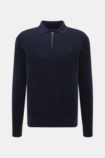 Polo Ralph Lauren Troyer navy aus reiner Wolle mit Strukturstrick, Troyer-Kragen, Reißverschluss und tonalem Polospieler-Stitching, Frontansicht.