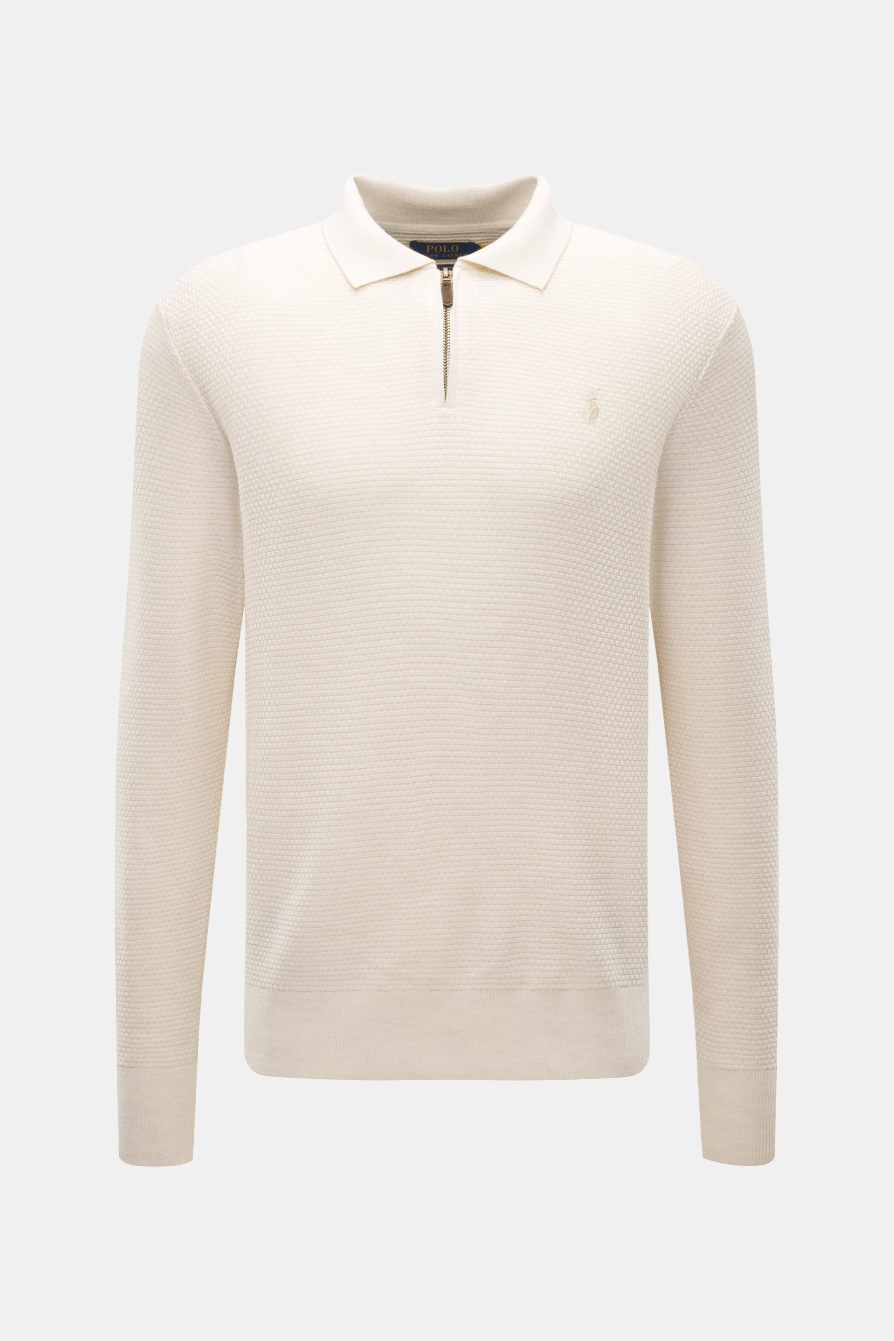 Polo Ralph Lauren Troyer creme, Frontansicht, Slim Fit aus reiner Wolle mit Strukturstrick, Troyer-Kragen mit Reißverschluss, Polospieler-Stitching.