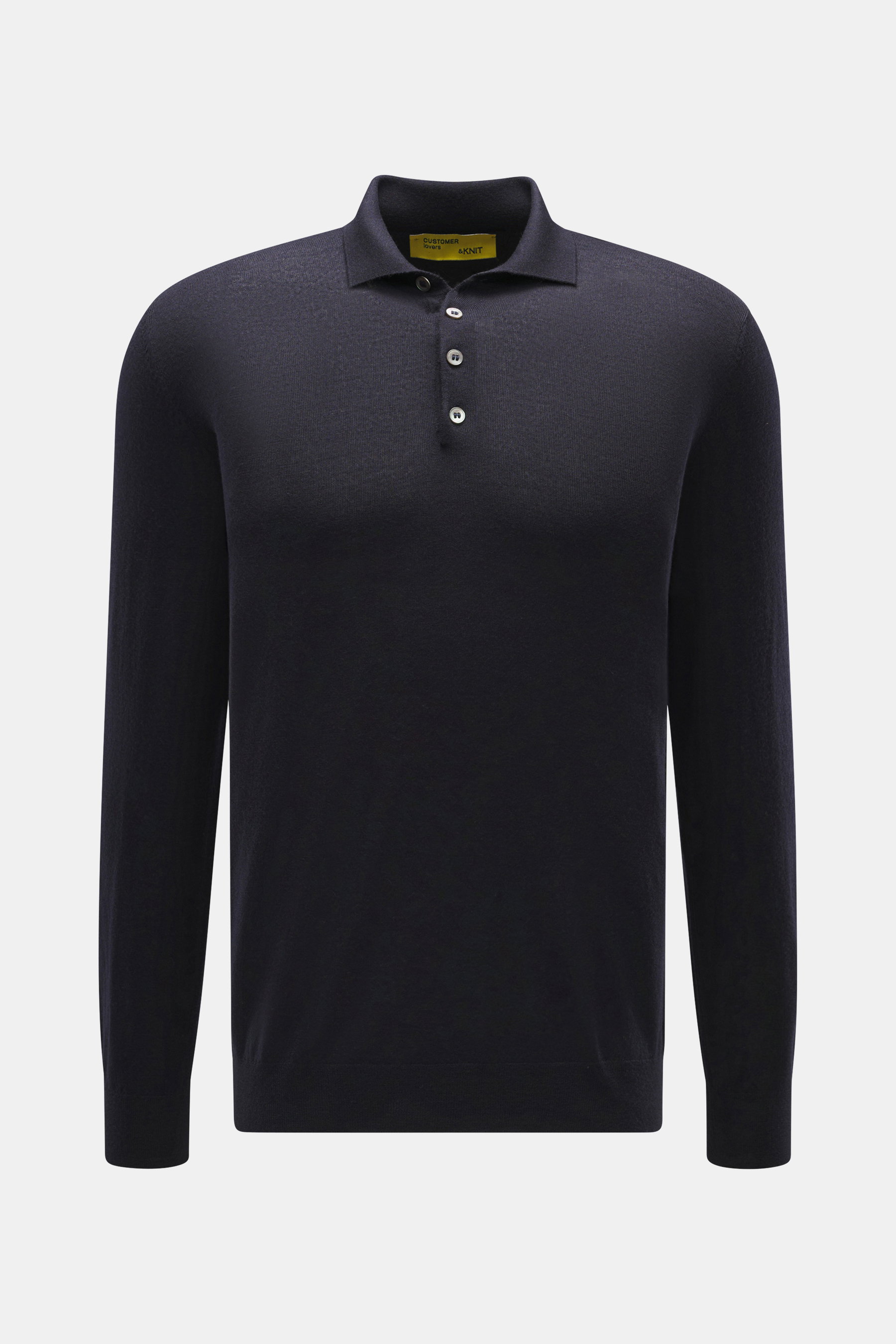 B.F. Knitwear Merino Strickpolo navy, frontal fotografiert, aus reiner Merinowolle, weicher Griff, feines Strickbild, Regular Fit, klassischer Polokragen, flexible Rippbündchen.