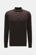 Front view of B.F. Knitwear Merino knit polo dark violet, knit from pure merino wool with soft feel, fine knit pattern, regular fit, classic polo collar, and flexible ribbed cuffs.