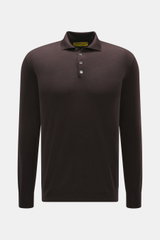 Front view of B.F. Knitwear Merino knit polo dark violet, knit from pure merino wool with soft feel, fine knit pattern, regular fit, classic polo collar, and flexible ribbed cuffs.