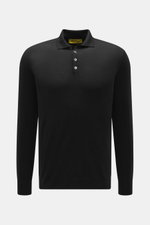 Front view of B.F. Knitwear Merino knit polo black, knit from pure merino wool, soft feel, fine knit pattern, regular fit, classic polo collar, flexible ribbed cuffs.