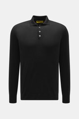 Front view of B.F. Knitwear Merino knit polo black, knit from pure merino wool, soft feel, fine knit pattern, regular fit, classic polo collar, flexible ribbed cuffs.