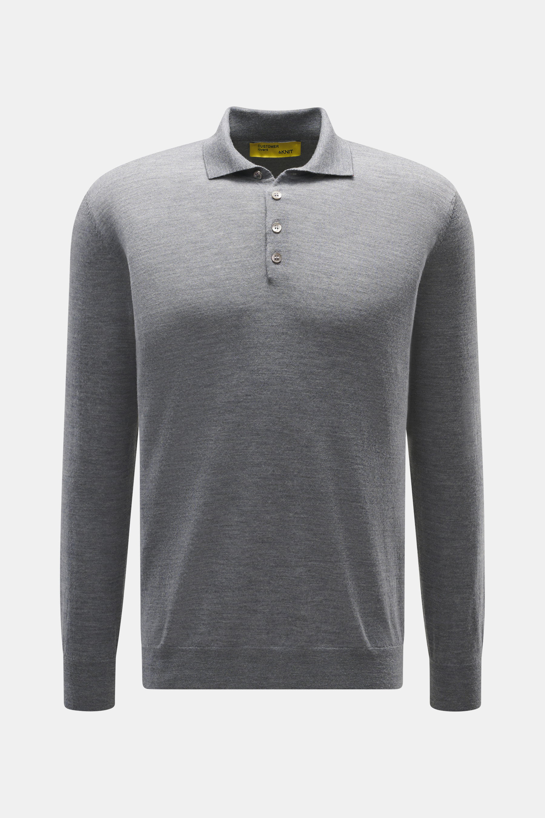 B.F. Knitwear Merino Strickpolo grau meliert, Frontansicht, Strick aus reiner Merinowolle, weicher Griff, feines Strickbild, Regular Fit, klassischer Polokragen, flexible Rippbündchen.