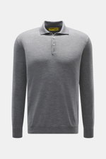 Front view of B.F. Knitwear Merino knit polo grey melange, knit from pure merino wool with soft feel, fine knit pattern, regular fit, classic polo collar, and flexible ribbed cuffs.