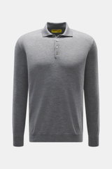 Front view of B.F. Knitwear Merino knit polo grey melange, knit from pure merino wool with soft feel, fine knit pattern, regular fit, classic polo collar, and flexible ribbed cuffs.