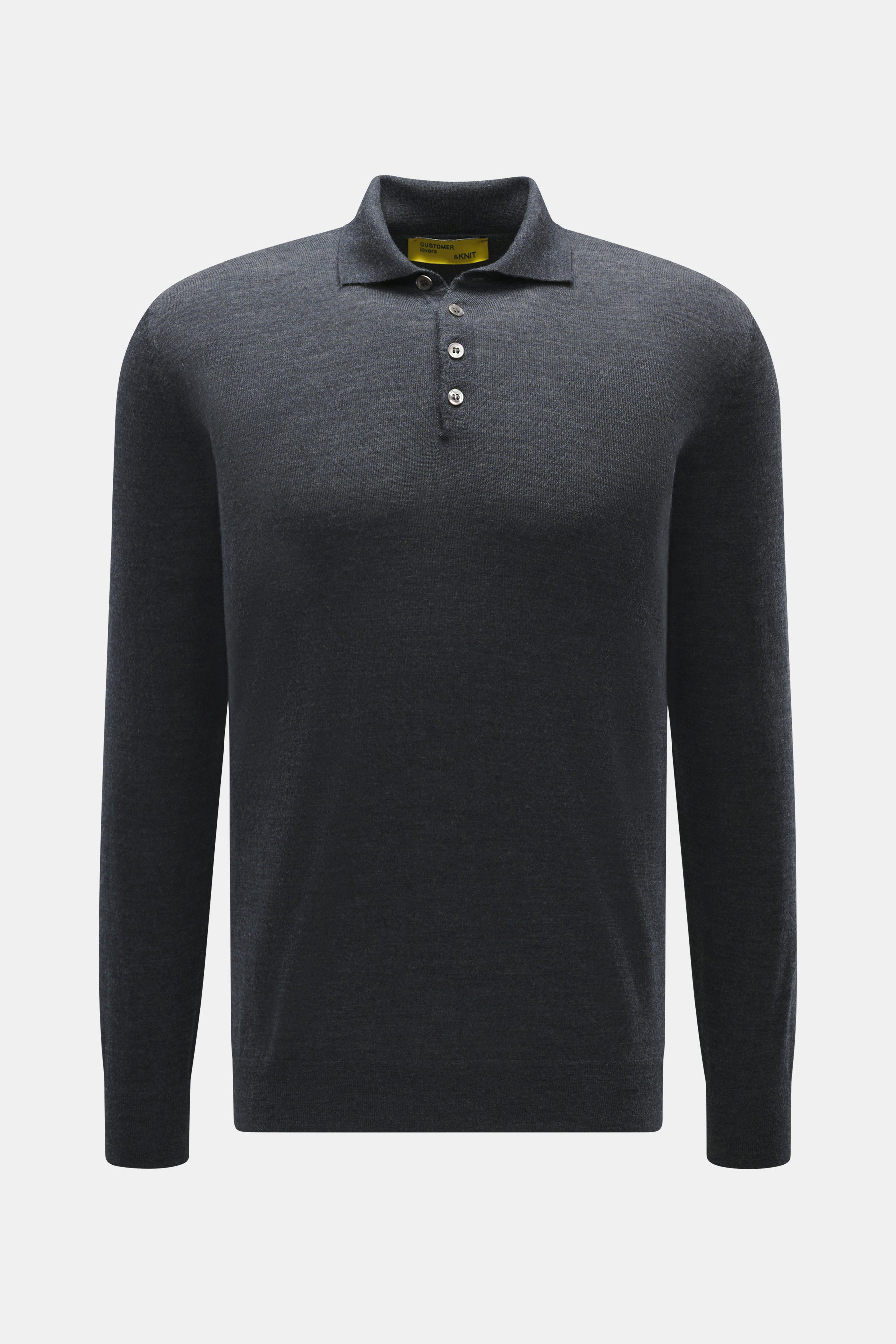 B.F. Knitwear Merino Strickpolo dunkelgrau meliert, Frontansicht, Strick aus reiner Merinowolle, weicher Griff, feines Strickbild, Regular Fit, Polokragen, flexible Rippbündchen