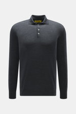 Front view of B.F. Knitwear Merino knit polo dark grey melange, knit from pure merino wool with soft feel, fine knit pattern, regular fit, classic polo collar, and flexible ribbed cuffs.