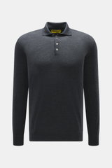 Front view of B.F. Knitwear Merino knit polo dark grey melange, knit from pure merino wool with soft feel, fine knit pattern, regular fit, classic polo collar, and flexible ribbed cuffs.