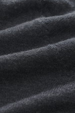 Close-up front view of B.F. Knitwear Merino knit polo dark grey melange fabric showing fine knit pattern, soft feel, and texture, knit from pure merino wool. Regular fit with classic polo collar and flexible ribbed cuffs.