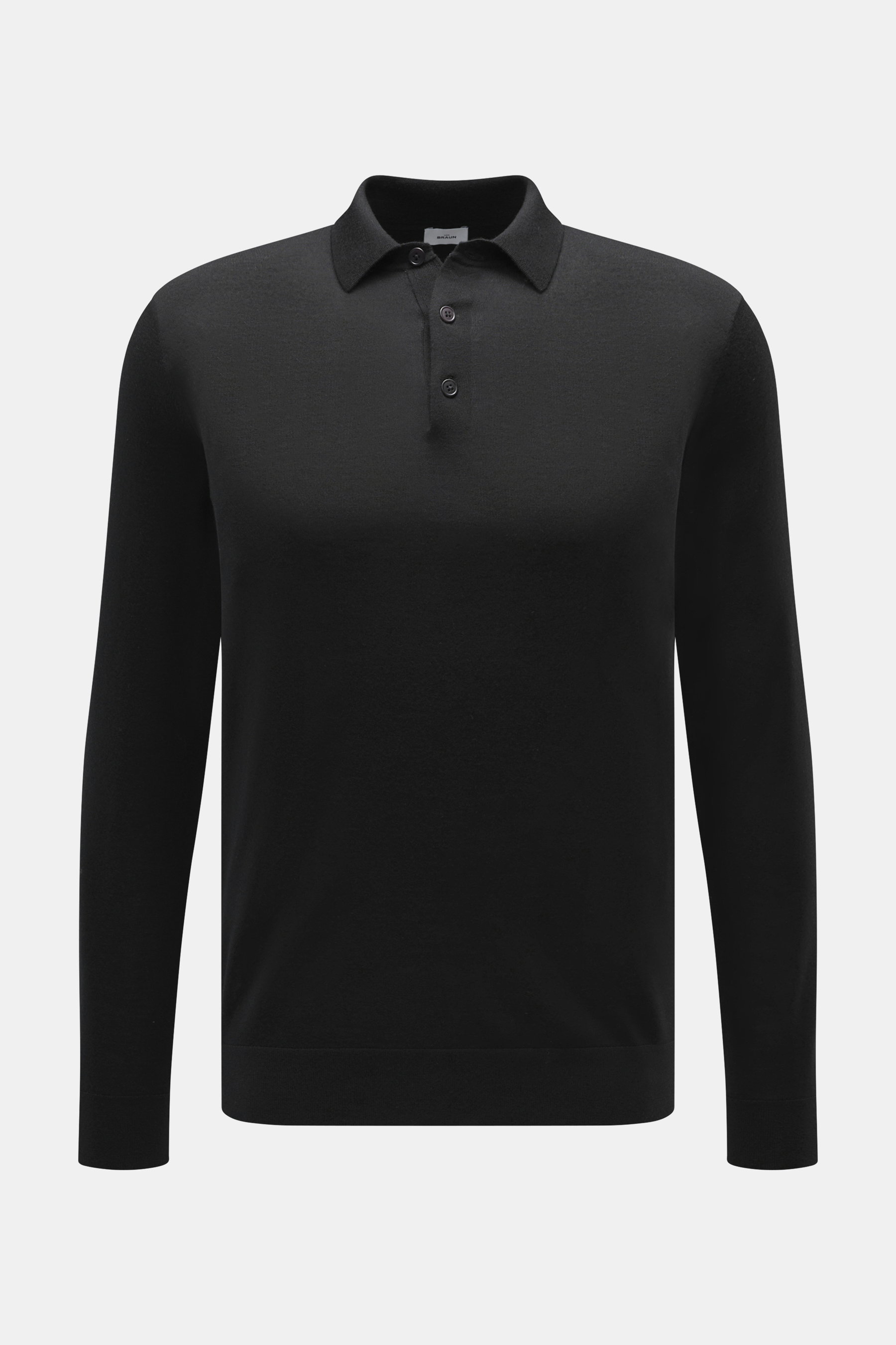 von Braun Merino Feinstrickpolo schwarz, Slim Fit, aus reiner Merinowolle, feines Strickbild, schmaler Polokragen, Drei-Knopf-Leiste, Frontansicht
