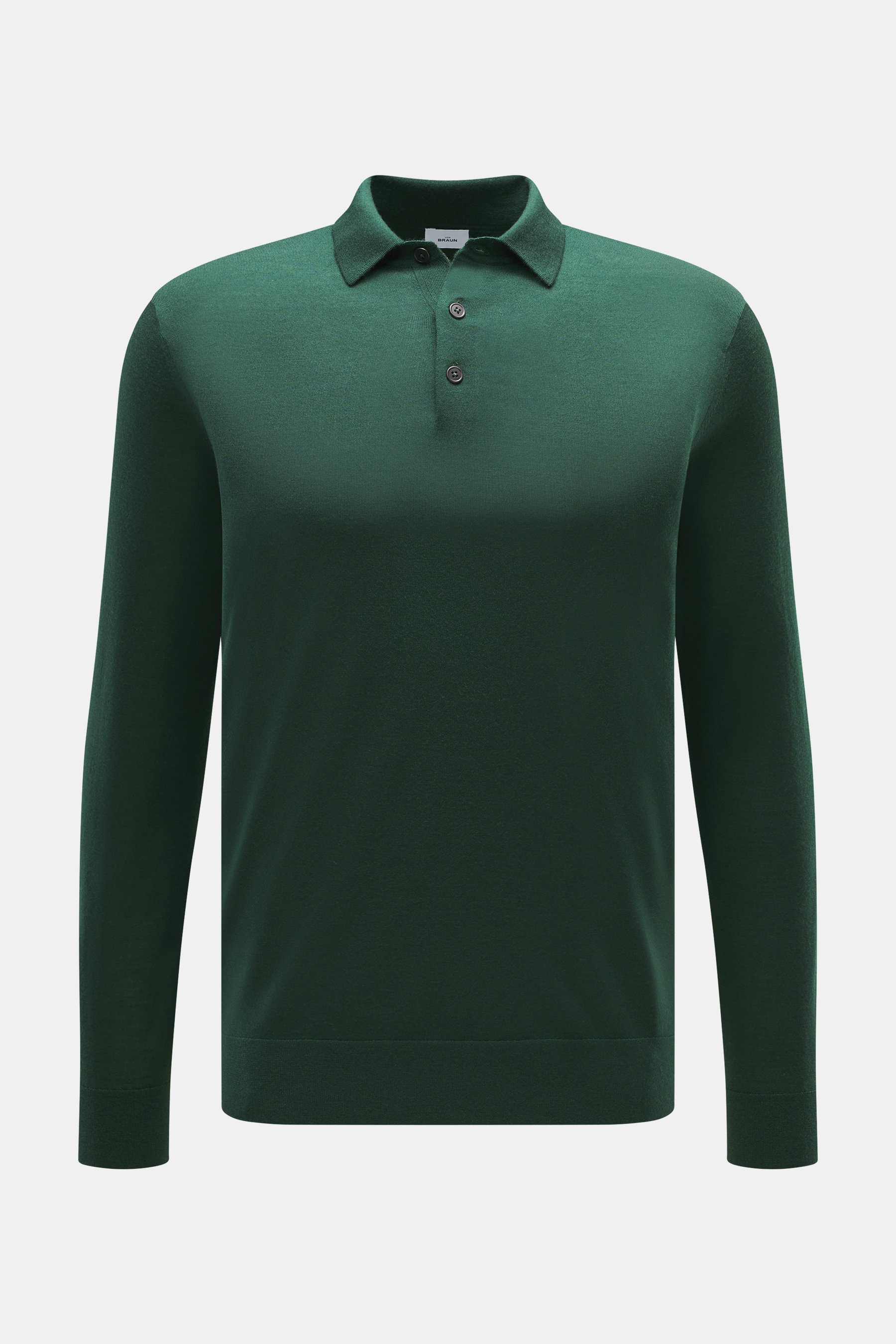 von Braun Merino Feinstrickpolo dunkelgrün, Slim Fit, aus reiner Merinowolle, feines Strickbild, schmaler Polokragen, Drei-Knopf-Leiste, Frontansicht