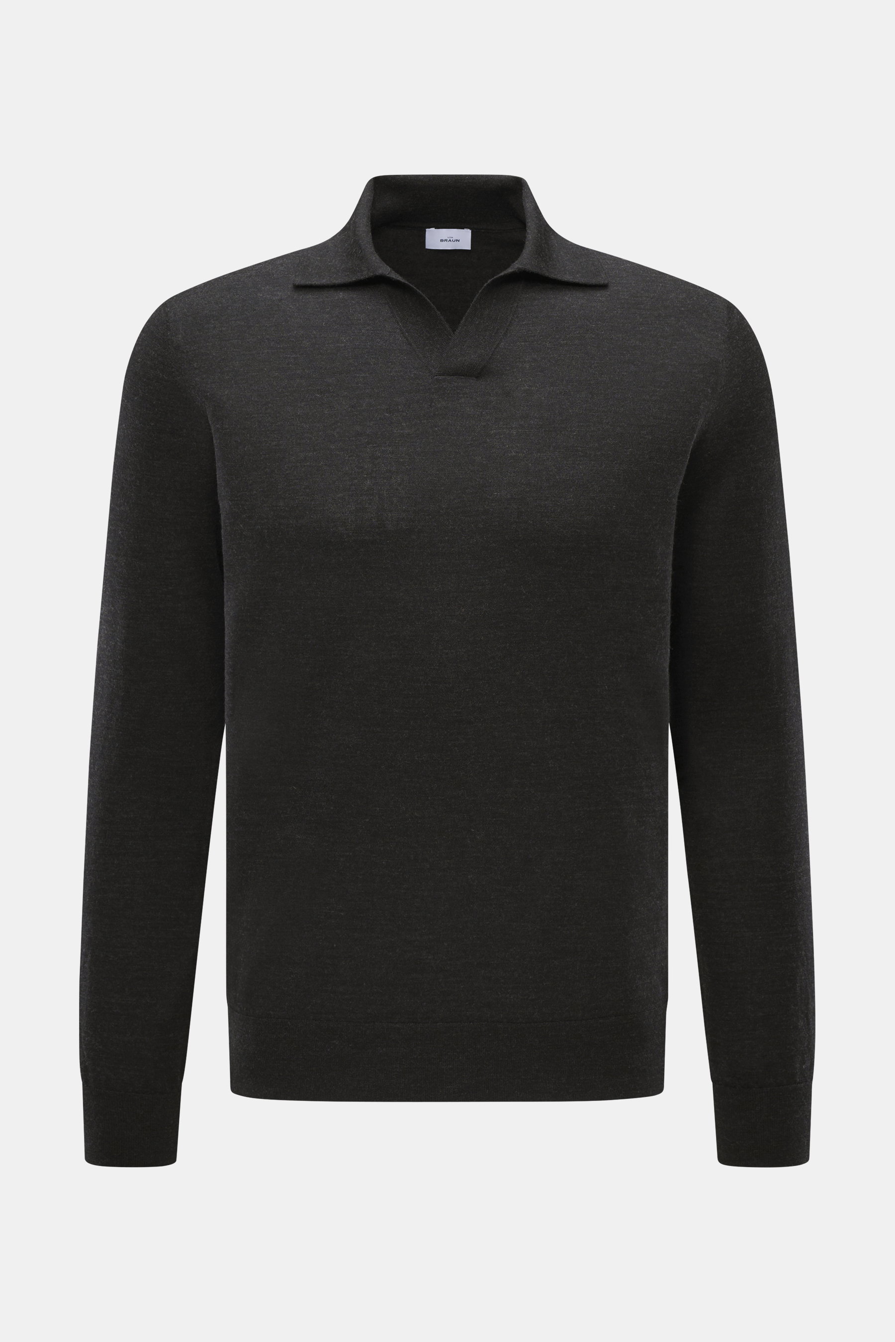 von Braun Merino Feinstrickpolo anthrazit, frontale Nahaufnahme, Slim Fit, offener Skipper-Kragen, reine Merinowolle, weicher Griff, feines Strickbild, flexible Rippbündchen, moderner Smart-Casual-Look