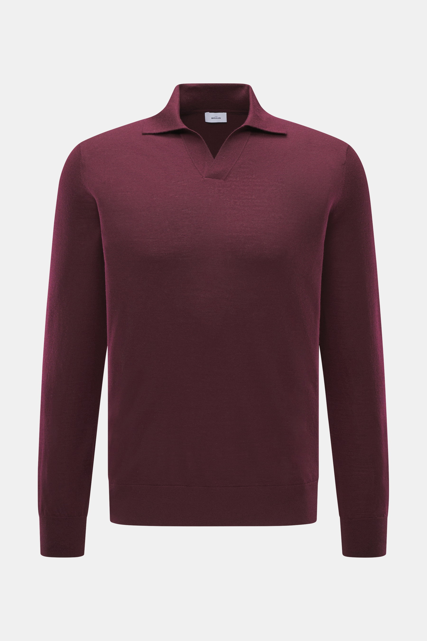 von Braun Merino Feinstrickpolo bordeaux, Frontansicht, Slim Fit, offener Skipper-Kragen, reine Merinowolle, weicher Griff, feines Strickbild, flexible Rippbündchen
