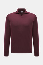 von Braun Merino Feinstrickpolo bordeaux, Frontansicht, Slim Fit, offener Skipper-Kragen, reine Merinowolle, weicher Griff, feines Strickbild, flexible Rippbündchen