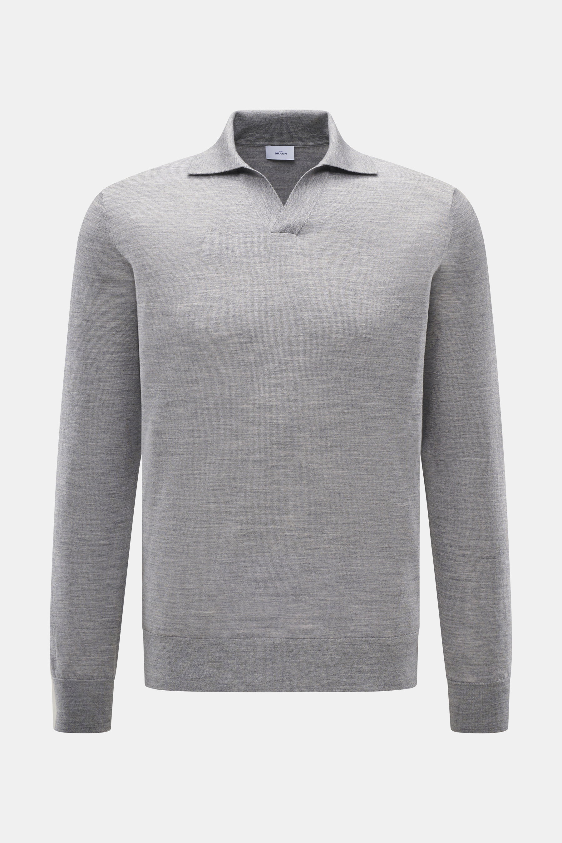 von Braun Merino Feinstrickpolo hellgrau mit offenem Skipper-Kragen, Slim Fit, aus reiner Merinowolle, weicher Griff, feines Strickbild, flexible Rippbündchen, Frontalansicht