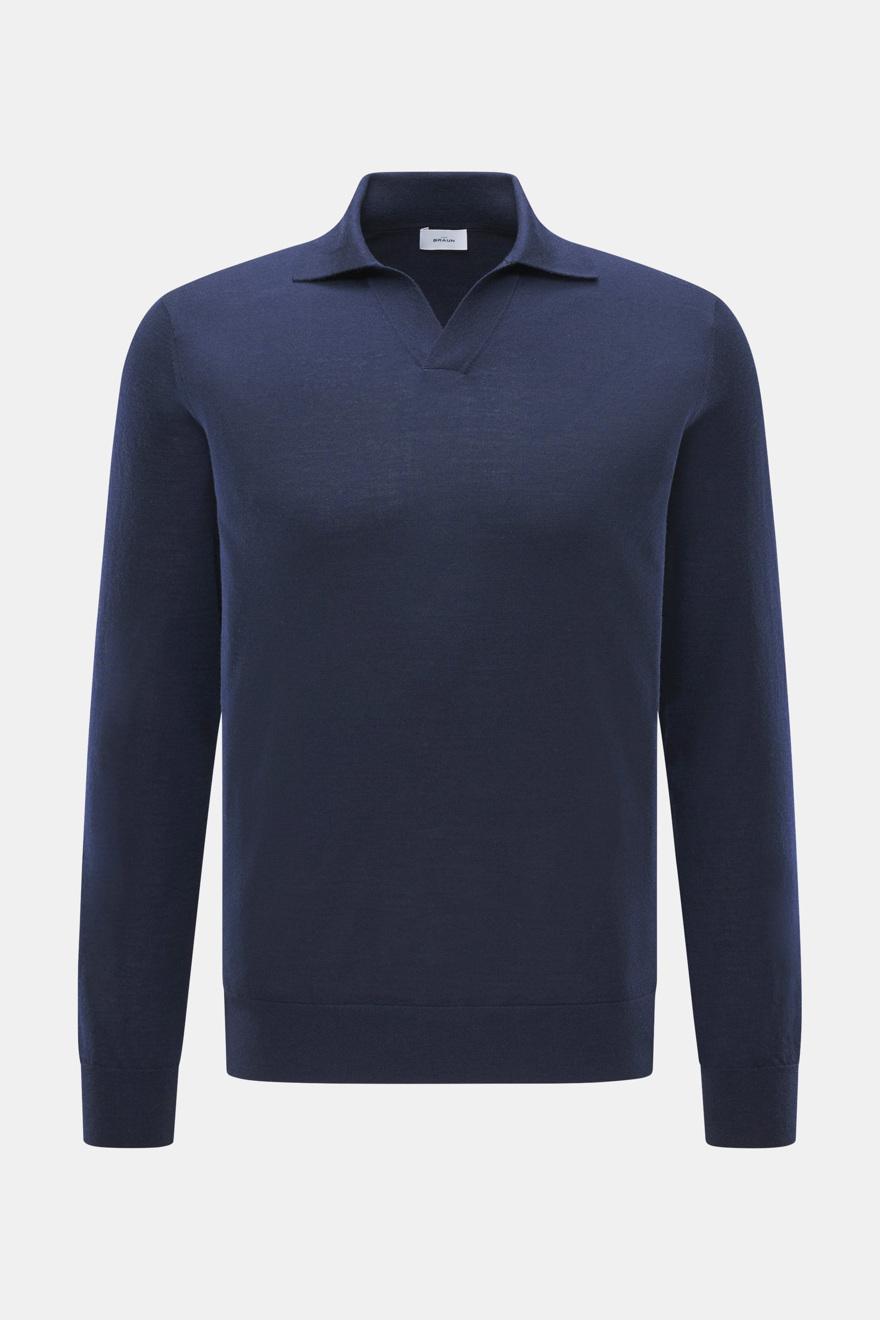 von Braun Merino Feinstrickpolo navy, frontale Nahaufnahme, Slim Fit, Skipper-Kragen offen, reine Merinowolle, weicher Griff, feines Strickbild, flexible Rippbündchen