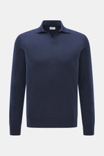 von Braun Merino Feinstrickpolo navy, frontale Nahaufnahme, Slim Fit, Skipper-Kragen offen, reine Merinowolle, weicher Griff, feines Strickbild, flexible Rippbündchen