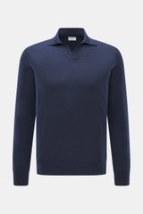 von Braun Merino Feinstrickpolo navy, frontale Nahaufnahme, Slim Fit, Skipper-Kragen offen, reine Merinowolle, weicher Griff, feines Strickbild, flexible Rippbündchen
