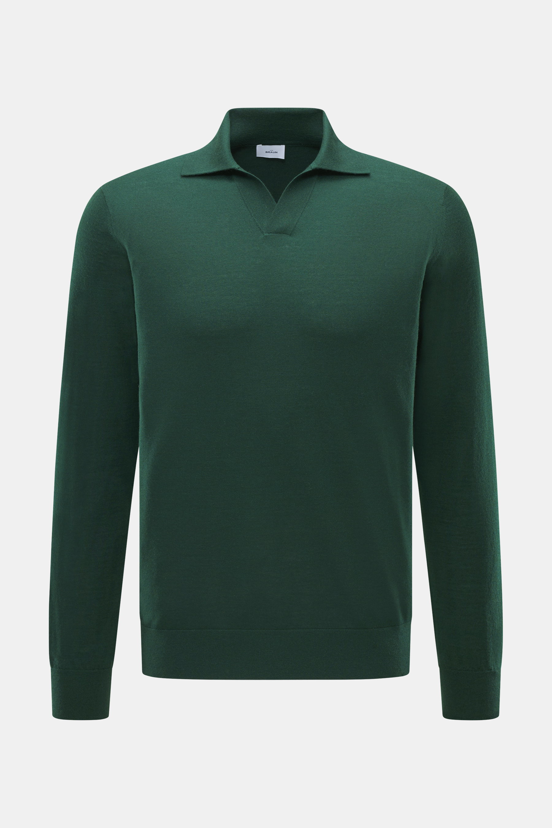 von Braun Merino Feinstrickpolo dunkelgrün, Slim Fit, mit offenem Skipper-Kragen, flexible Rippbündchen, feines Strickbild, Frontansicht