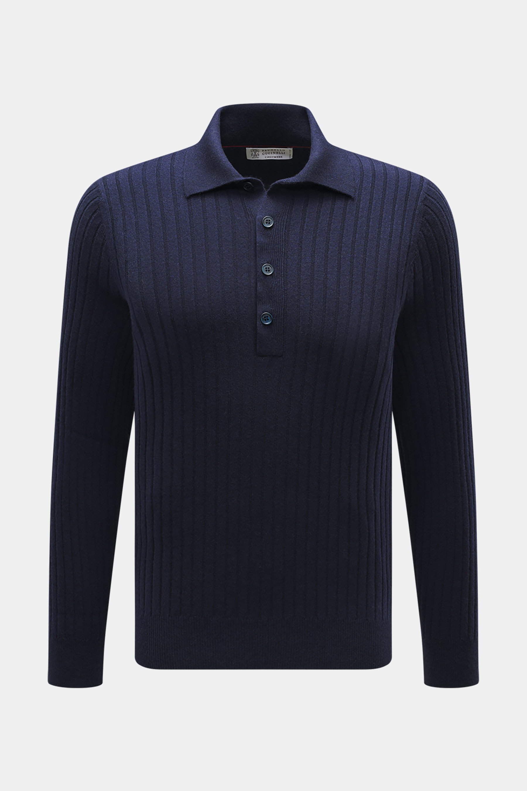 Front view of Brunello Cucinelli Cashmere knitted polo navy in pure cashmere with wide rib knit, soft touch, slim fit, polo collar, four-button placket, and ribbed cuffs.