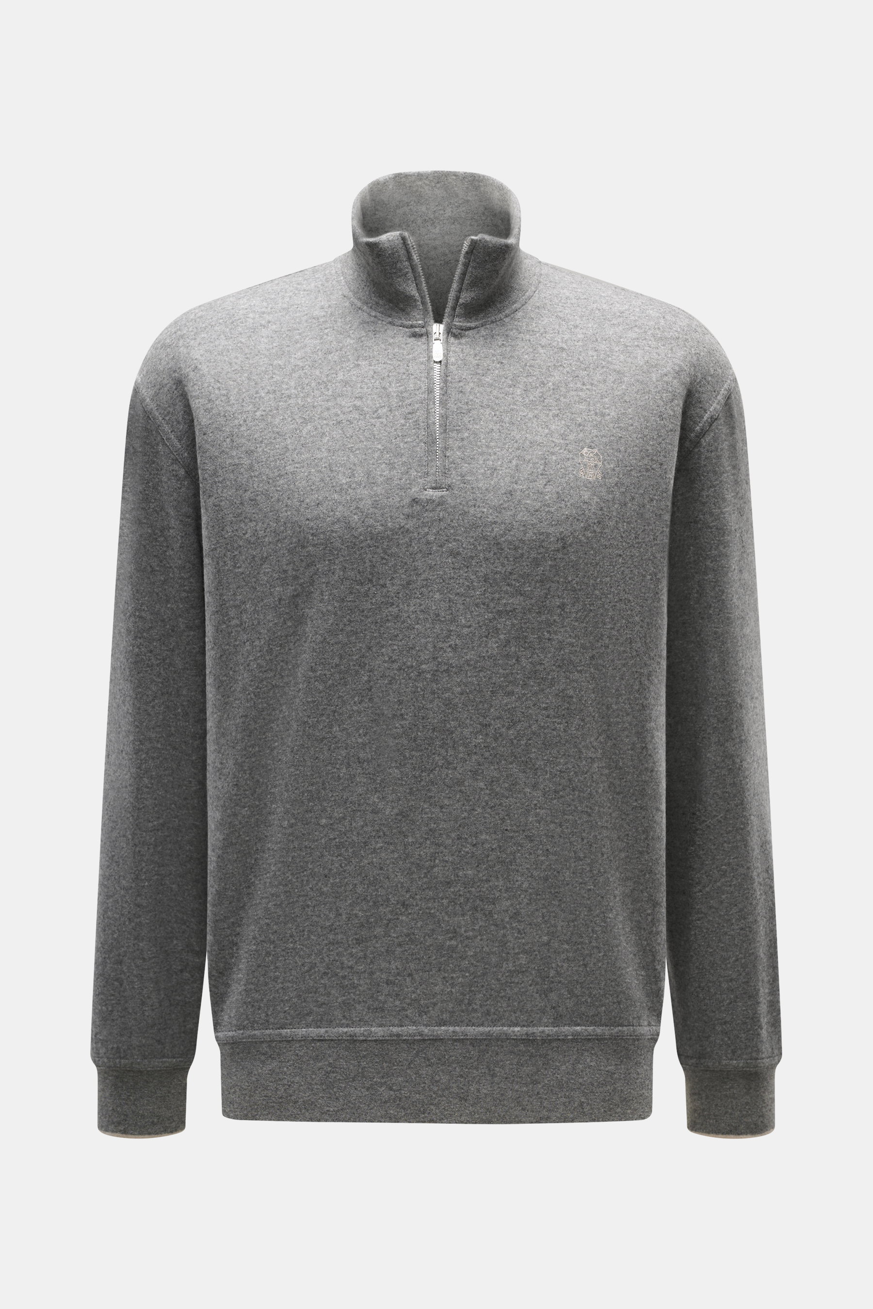 Front view of Brunello Cucinelli Cashmere quarter-zip jumper grey melange, pure cashmere with fine knit, stand-up collar, zipper, logo chest stitch, ribbed cuffs.