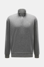 Front view of Brunello Cucinelli Cashmere quarter-zip jumper grey melange, pure cashmere with fine knit, stand-up collar, zipper, logo chest stitch, ribbed cuffs.