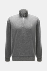 Front view of Brunello Cucinelli Cashmere quarter-zip jumper grey melange, pure cashmere with fine knit, stand-up collar, zipper, logo chest stitch, ribbed cuffs.