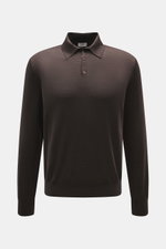 Agnona Strickpolo dunkelbraun, frontal fotografiert, fein gestrickt aus Wolle mit Cashmere und Seide, Slim Fit, Polokragen, Drei-Knopf-Leiste, Rippbündchen.