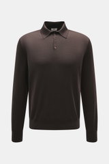Agnona Strickpolo dunkelbraun, frontal fotografiert, fein gestrickt aus Wolle mit Cashmere und Seide, Slim Fit, Polokragen, Drei-Knopf-Leiste, Rippbündchen.