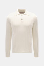 Front view of Brunello Cucinelli Cashmere Knit Polo Cream in pure cashmere, wide rib knit, slim fit with knitted shark collar, two-button placket, ribbed cuffs, soft touch.  

Description:  
<p>Timeless essential for the refined men's wardrobe: BRUNELLO C