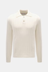 Front view of Brunello Cucinelli Cashmere Knit Polo Cream in pure cashmere, wide rib knit, slim fit with knitted shark collar, two-button placket, ribbed cuffs, soft touch.  

Description:  
<p>Timeless essential for the refined men's wardrobe: BRUNELLO C