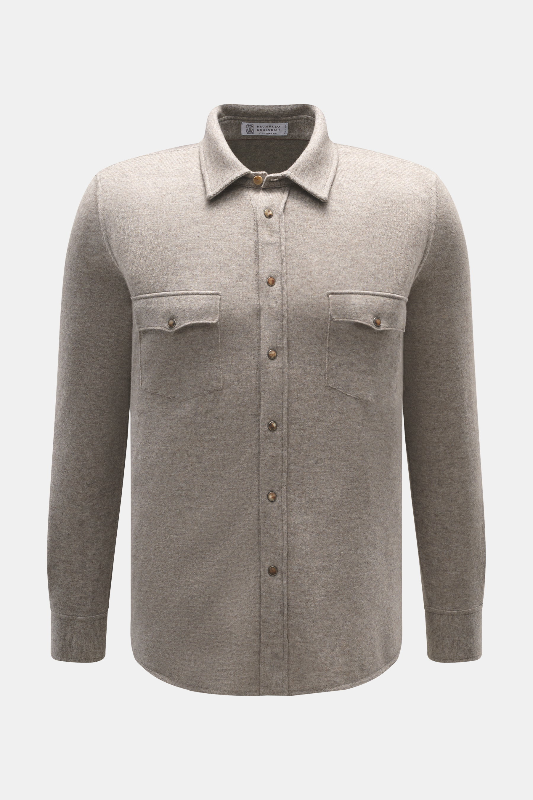 Brunello Cucinelli Knit shirt taupe melange shown from the front, fine knit with turn-down collar, patch chest pockets, button placket, sport cuffs, regular fit. With this casual knit shirt from BRUNELLO CUCINELLI made of a luxurious virgin wool-cashmere-