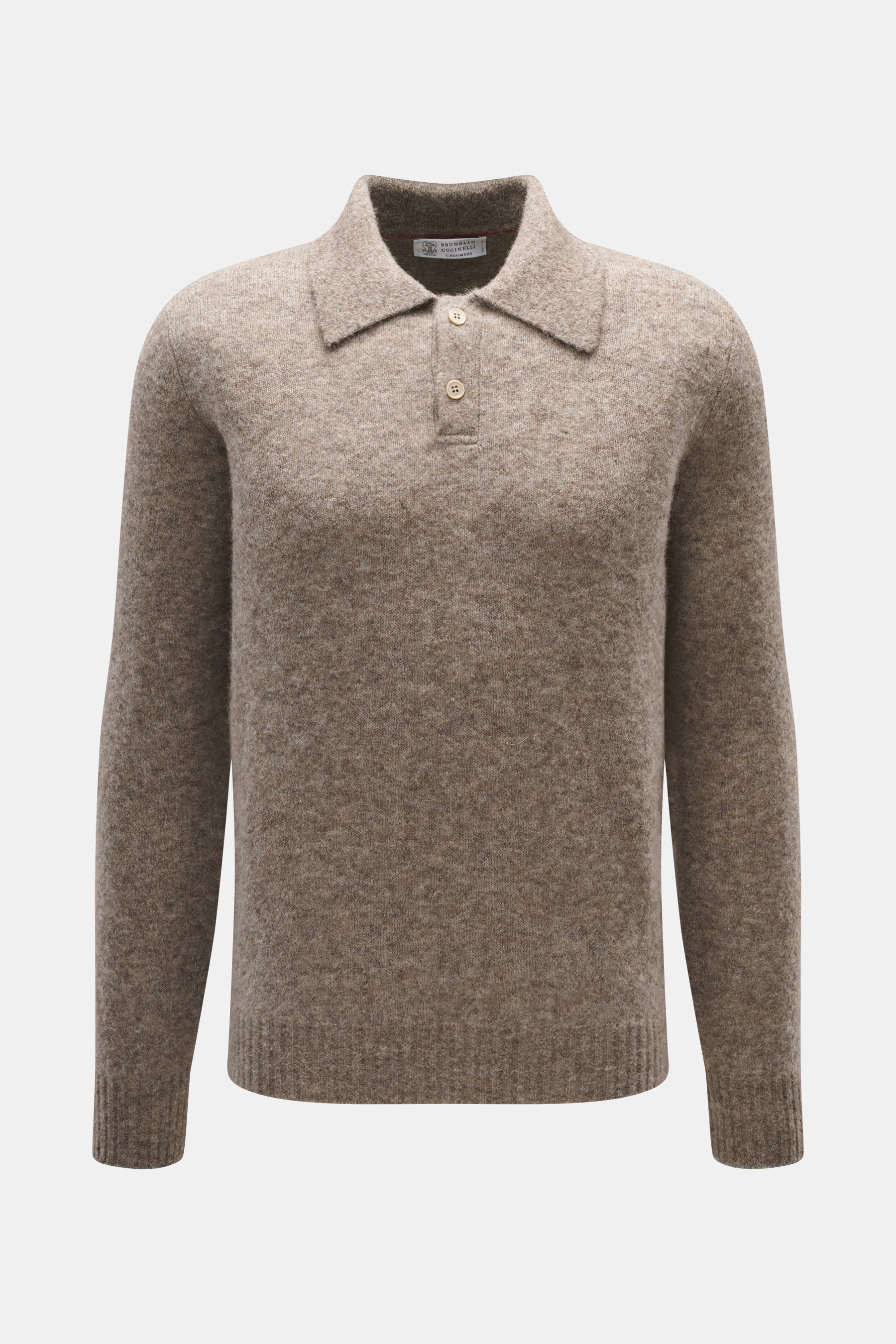 Front view of Brunello Cucinelli Knit Polo Taupe Melange, a soft knit polo in alpaca, microfiber, and cashmere with regular fit, knitted collar, two-button placket, and ribbed cuffs. Timeless winter essential for men's wardrobe.