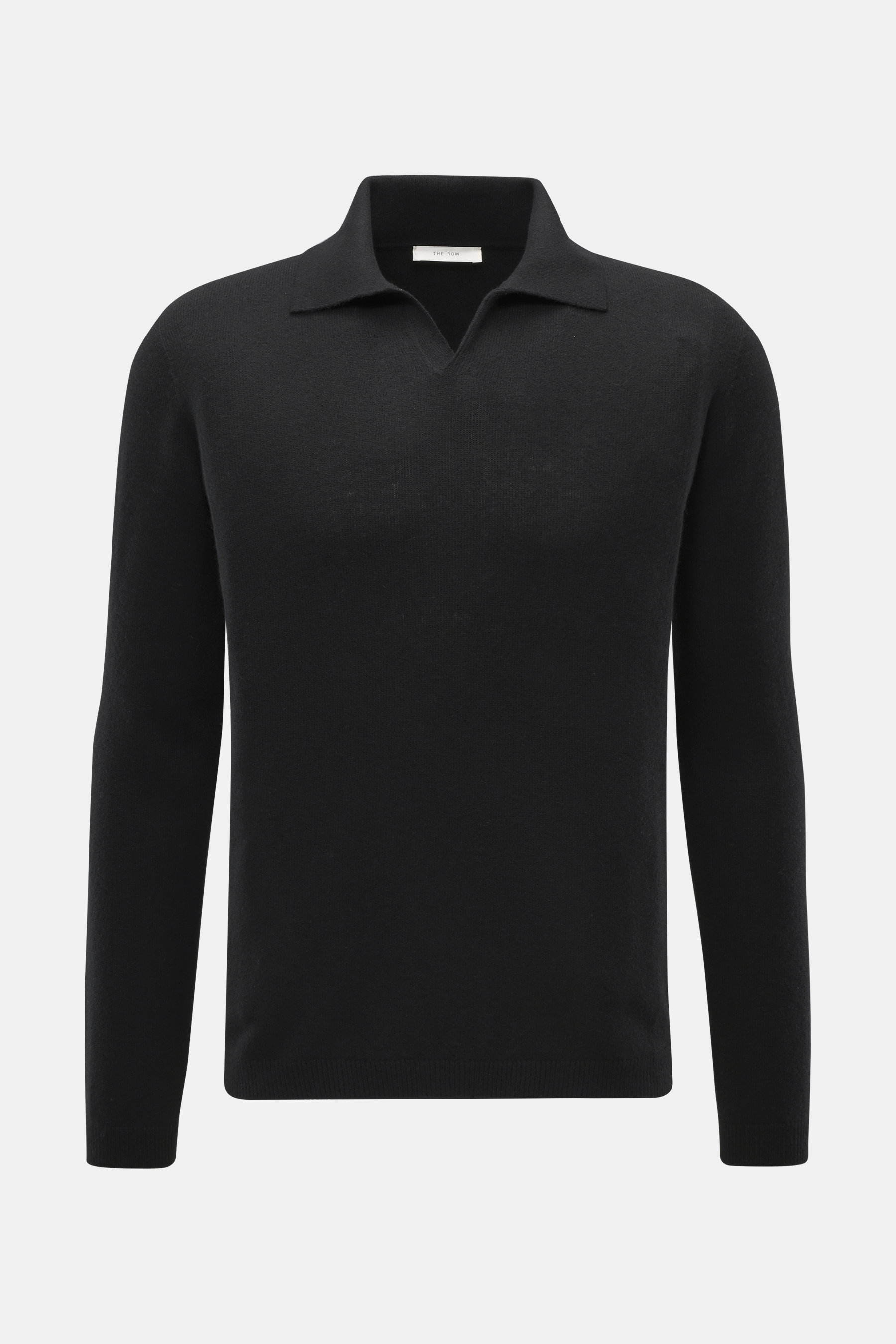 The Row Knit polo 'Ripley' black shown from the front, made of pure cashmere with a soft touch, fine knit pattern, slim fit, polo collar with open placket, and ribbed cuffs, offering timeless elegant precision.