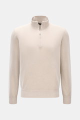 Gran Sasso Cashmere Troyer sand, frontal fotografiert, Slim Fit, reiner Cashmere, Troyerkragen, elastische Rippbündchen, soft und warm.