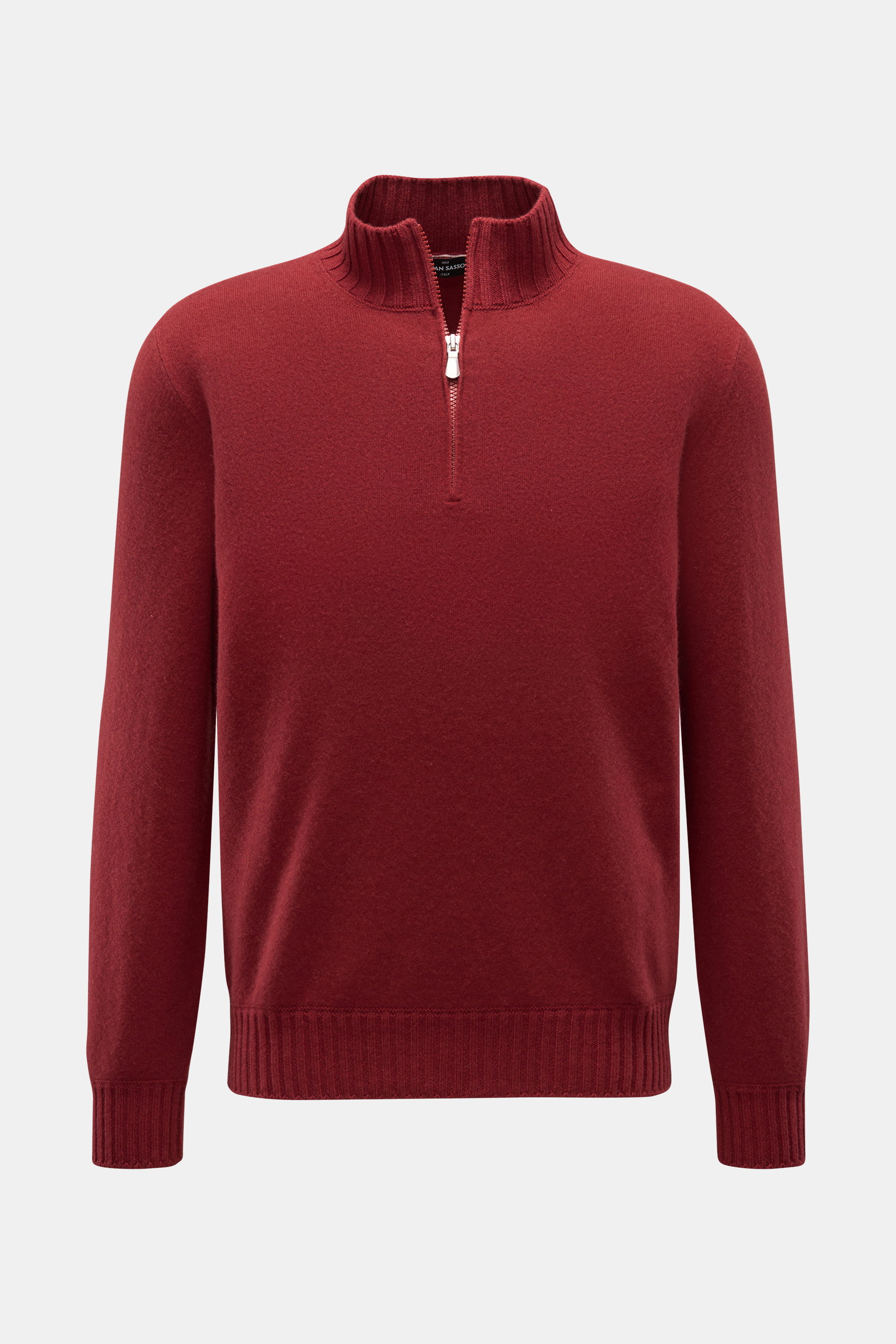 Gran Sasso Cashmere Troyer dunkelrot, Slim Fit, aus reinem Cashmere mit Troyerkragen, elastischen Rippbündchen, feinem Strickbild, von vorne fotografiert.