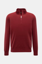 Gran Sasso Cashmere Troyer dunkelrot, Slim Fit, aus reinem Cashmere mit Troyerkragen, elastischen Rippbündchen, feinem Strickbild, von vorne fotografiert.